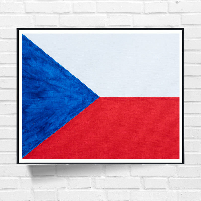 Drapeau  République thèque peint sur toile, bleu blanc rouge