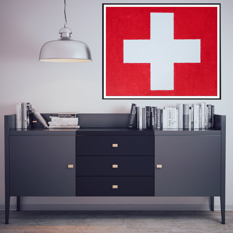 Drapeau Suisse peint sur toile, blanc rouge