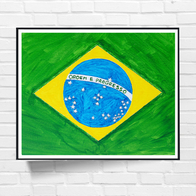 Drapeau Brésil peint sur toile, vert jaune bleu