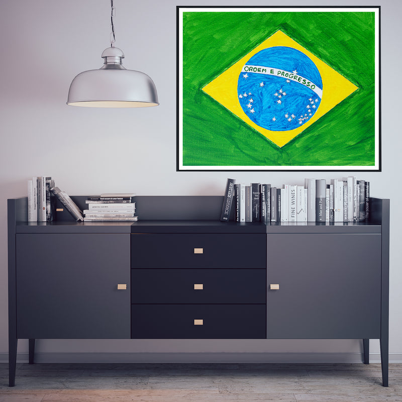 Drapeau Brésil peint sur toile, vert jaune bleu