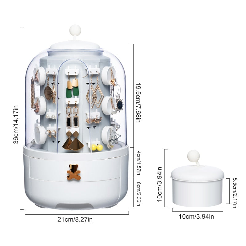 Boîte de rangement de bijoux rotative 360, organisateur pour cosmétiques, boîte de rangement, présentoir de boucles d'oreilles, collier, anti-poussière, grand rangement