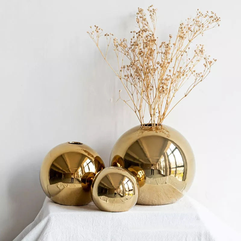 Vase à fleurs en céramique galvanisé doré, Pot d'art moderne pour l'intérieur de la maison, salon, Table de bureau