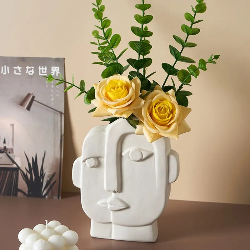 Vase en céramique avec visage nordique, fleurs séchées, salon, chambre à coucher, bureau