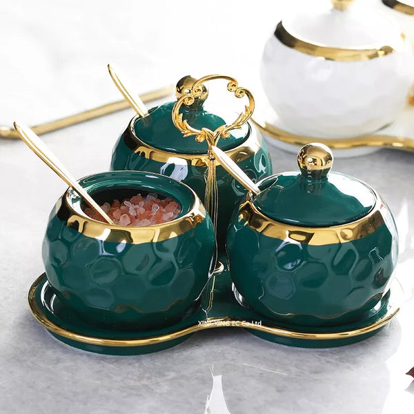 Bocal d'assaisonnement en céramique, fournitures de cuisine bol à sucre vert or bord en verre baguettes en céramique