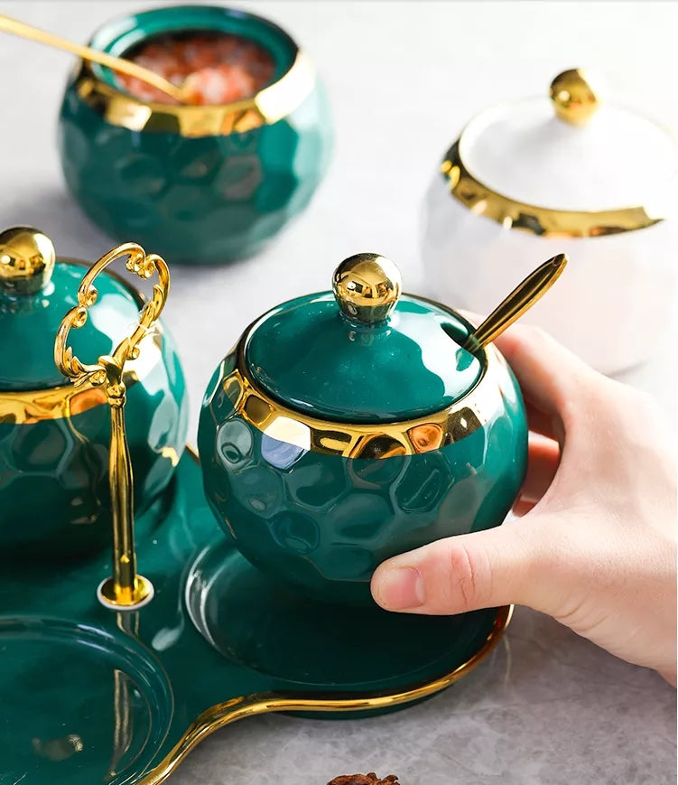 Bocal d'assaisonnement en céramique, fournitures de cuisine bol à sucre vert or bord en verre baguettes en céramique