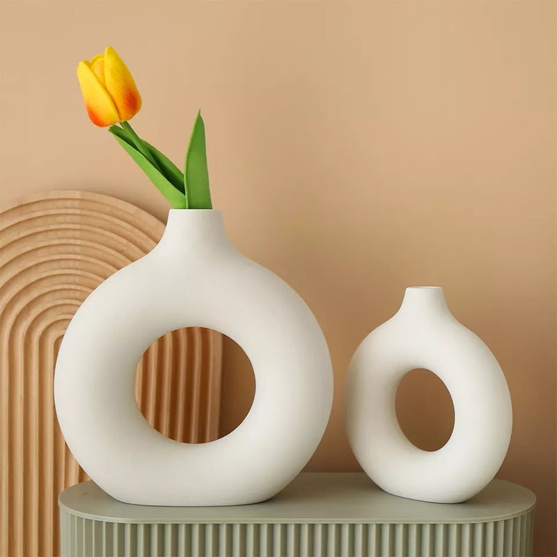 Vase circulaire nordique en céramique, Pot de fleurs à Donuts creux, accessoires de décoration pour la maison, salon, intérieur, bureau, cadeau
