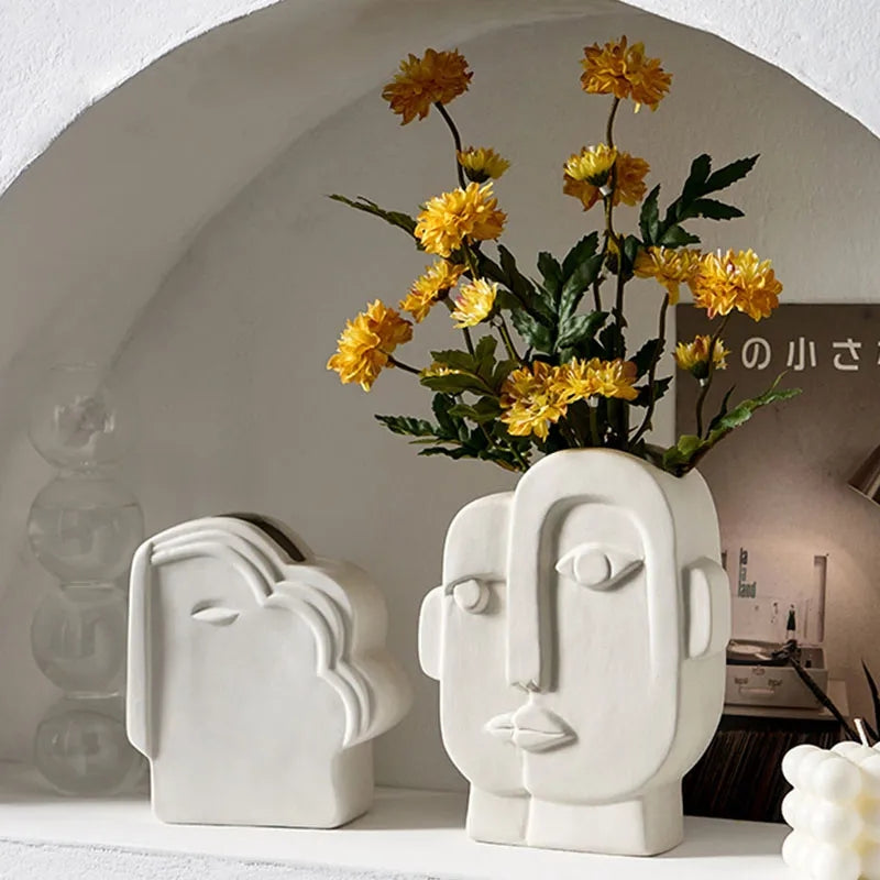 Vase en céramique avec visage nordique, fleurs séchées, salon, chambre à coucher, bureau