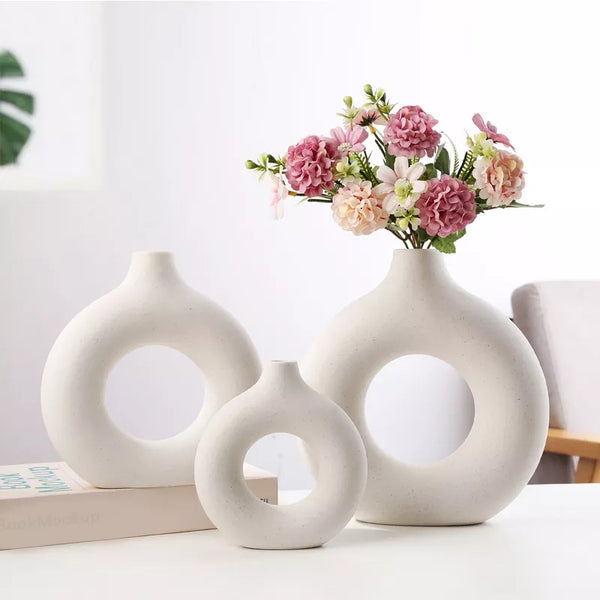 Vase circulaire nordique en céramique, Pot de fleurs à Donuts creux, accessoires de décoration pour la maison, salon, intérieur, bureau, cadeau