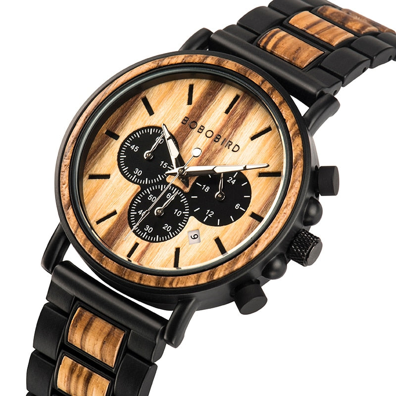 Montre en bois hommes, Femme,  luxe élégant bois montres chronographe militaire Quartz montres en bois boîte-cadeau